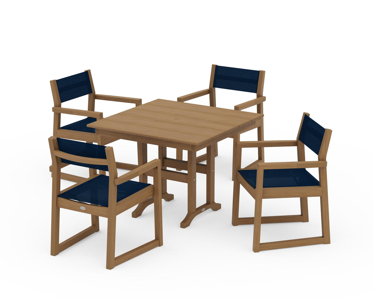 POLYWOOD EDGE Sling Arm Chair 5-Piece Farmhouse Dining Set in Natural / Navy Blue