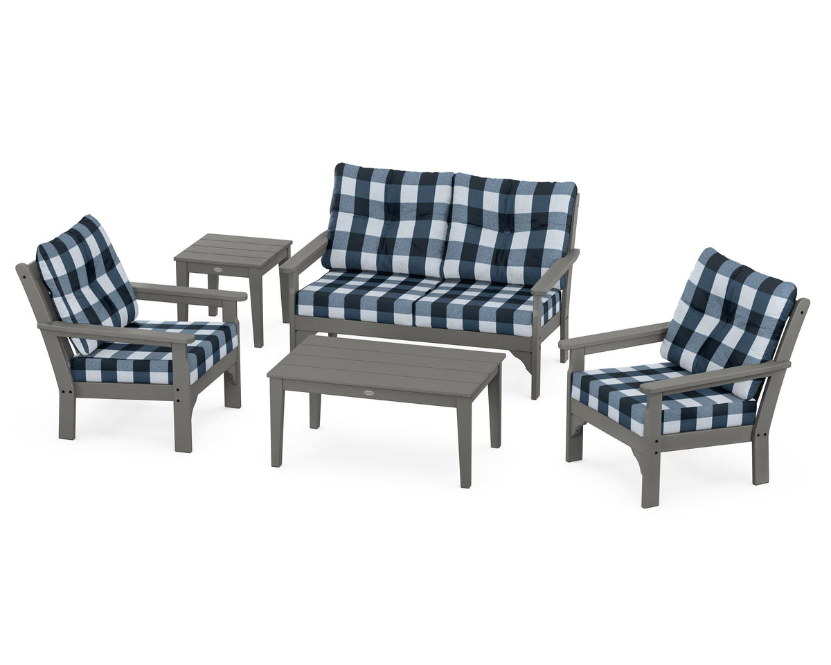 POLYWOOD Vineyard 5-Piece Deep Seating Set with Two Chairs and Loveseat in Slate Grey / Buffalo Plaid Marine Indigo