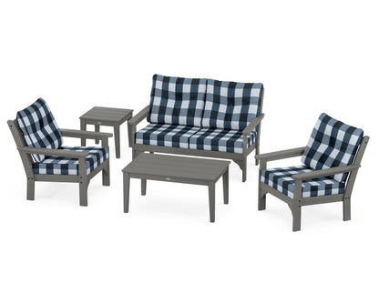 POLYWOOD Vineyard 5-Piece Deep Seating Set with Two Chairs and Loveseat in Slate Grey / Buffalo Plaid Marine Indigo