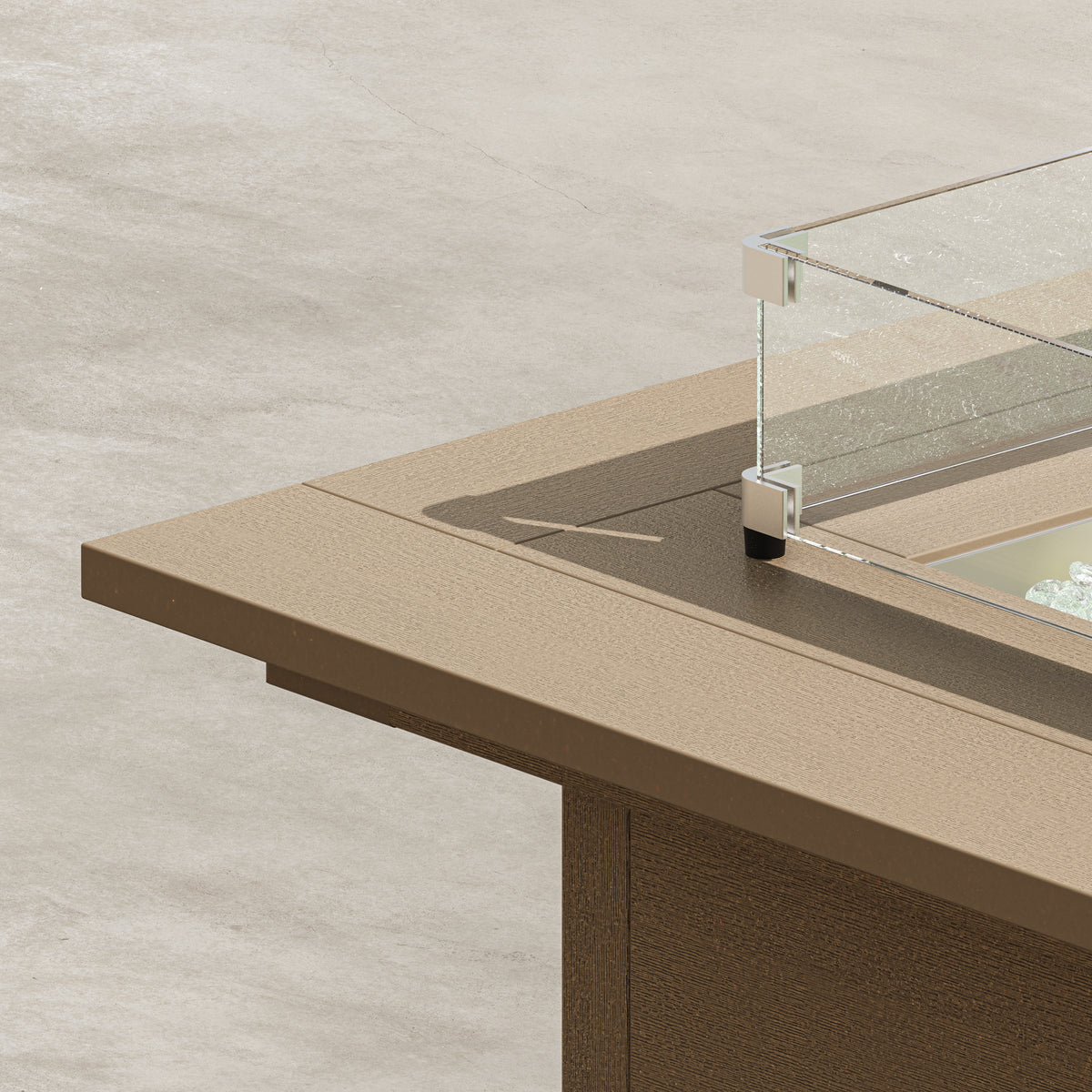 Angled view of the POLYWOOD Cube Fire Table in Vintage Sahara