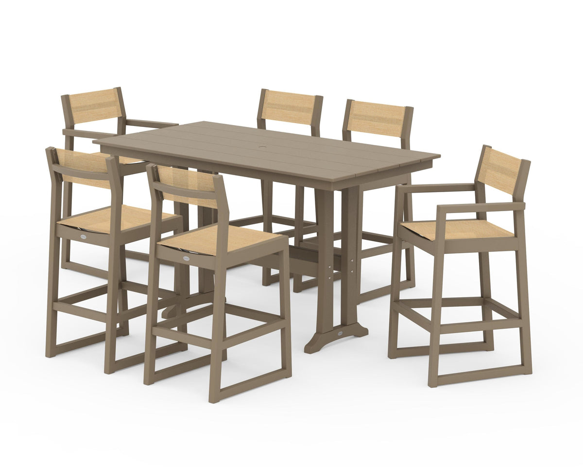 POLYWOOD EDGE Sling 7-Piece Farmhouse Bar Set with Trestle Legs in Vintage Sahara / Dupioni Apricot