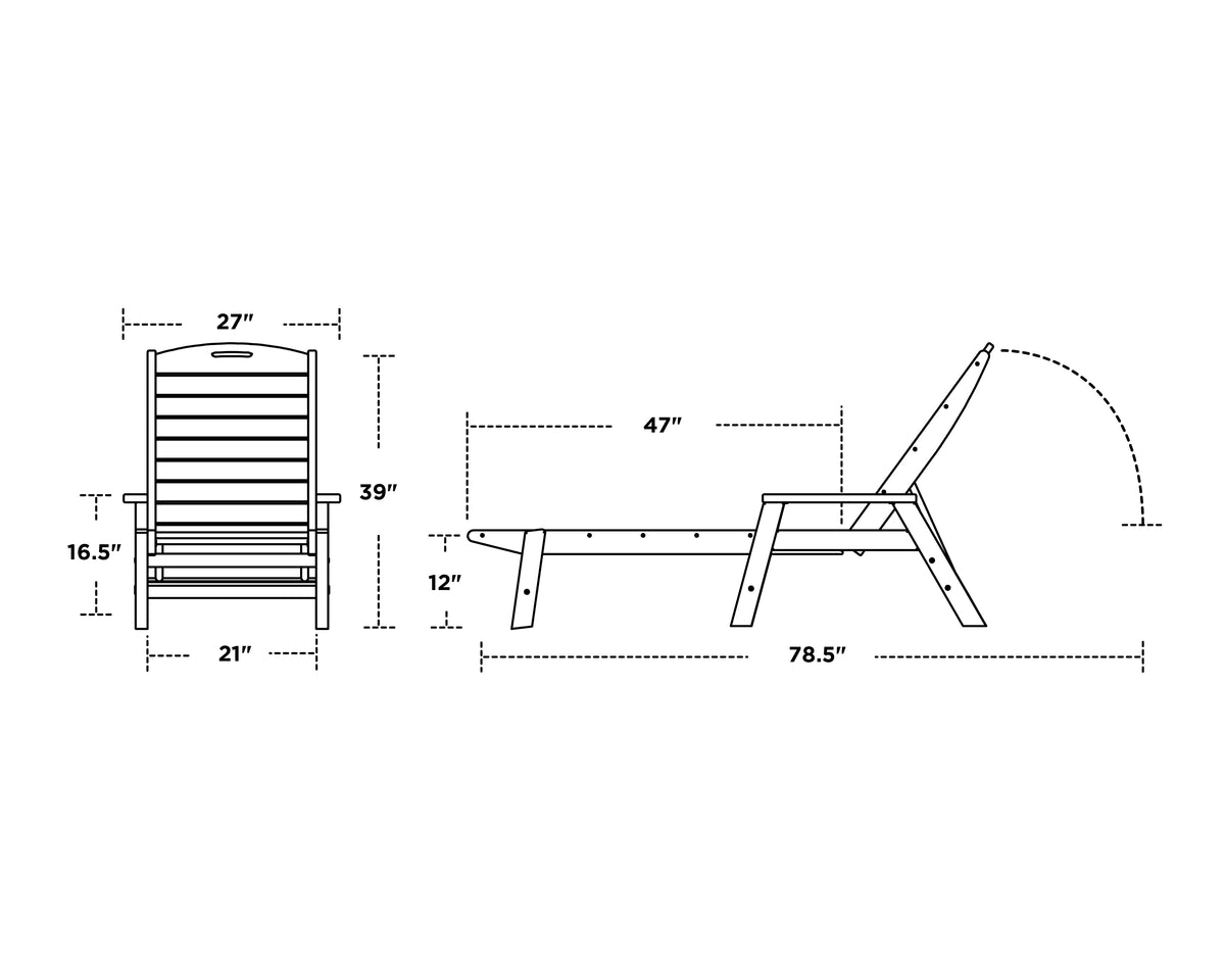 POLYWOOD Nautical Chaise with Arms dimension drawing with width, depth and height measurements
