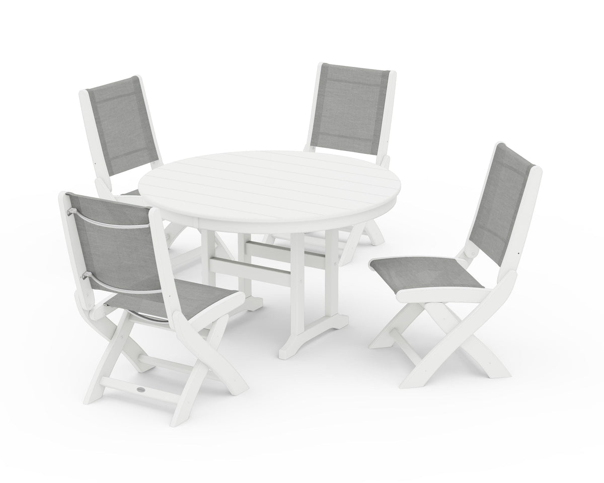 POLYWOOD Coastal Folding Side Chair 5-Piece Round Dining Set in White / Metallic