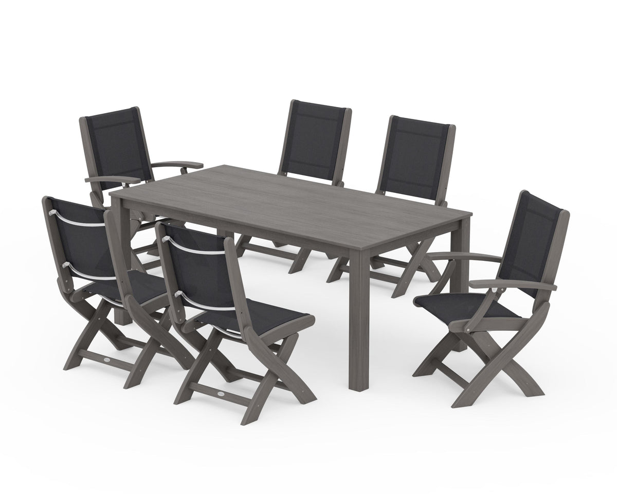 POLYWOOD Coastal Folding Chair 7-Piece Parsons Dining Set with Coastal Folding Side Chair in Driftwood / Black