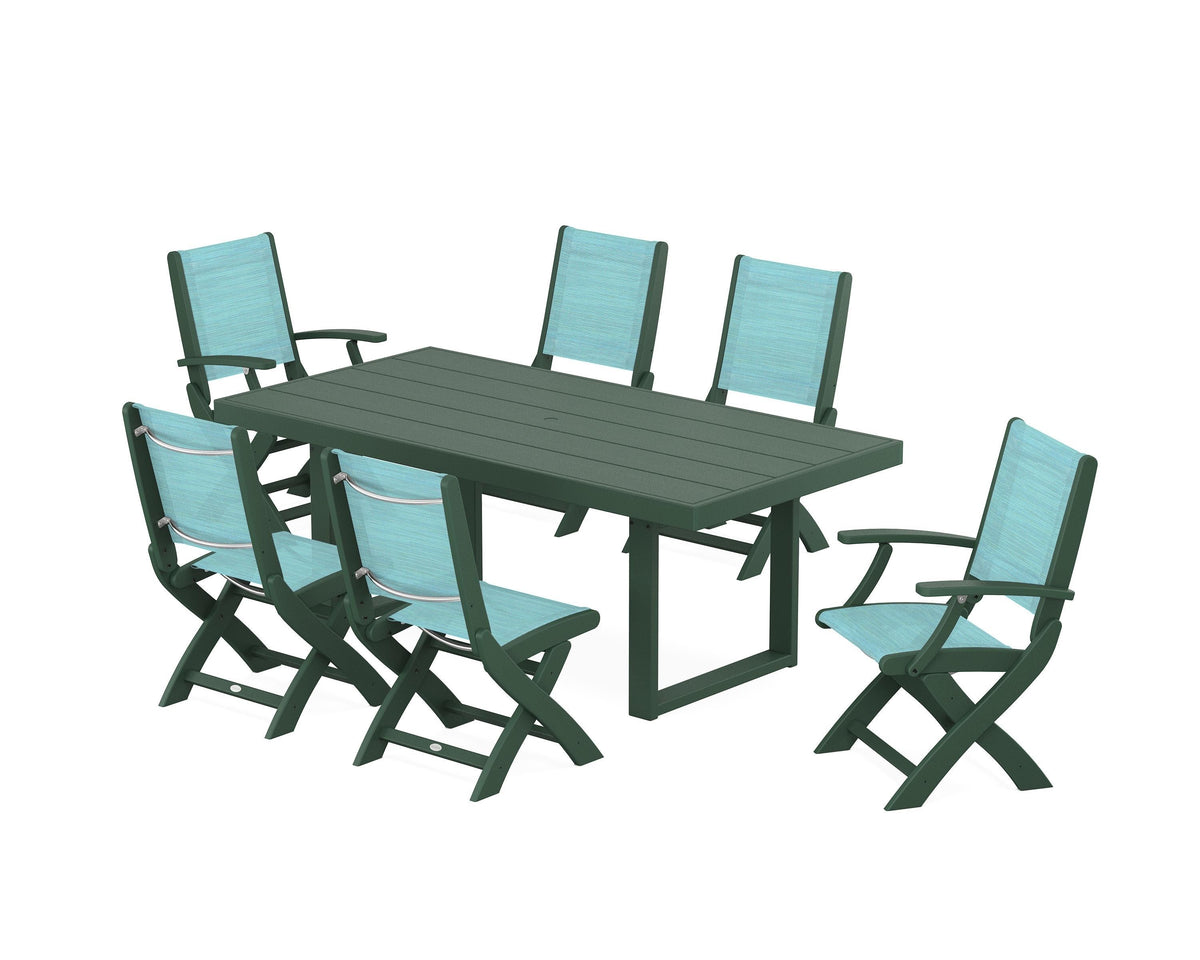 POLYWOOD Coastal Folding Chair 7-Piece Dining Set with Trestle Legs with EDGE 40" x 78" Dining Table in Green / Dupioni Aquamarine