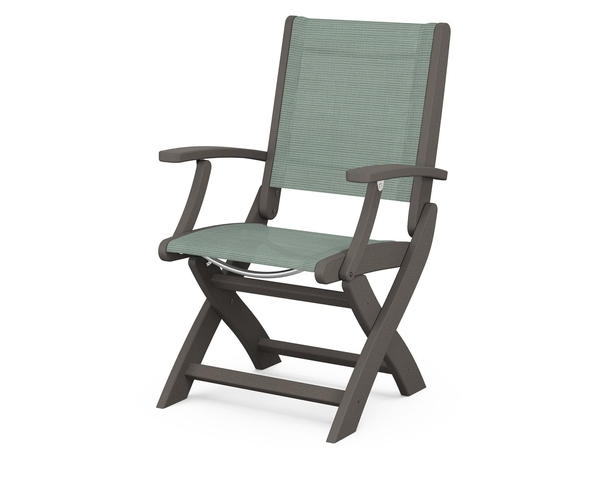 POLYWOOD Coastal Folding Chair in Vintage Coffee with Vintage Coffee arms and Dupioni Sea Mist sling