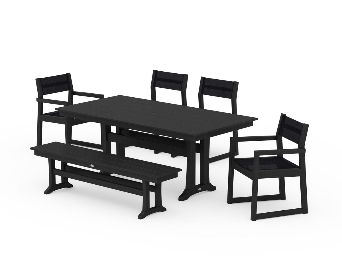 POLYWOOD EDGE Sling 6-Piece Farmhouse Dining Set With Trestle Legs in Black / Black