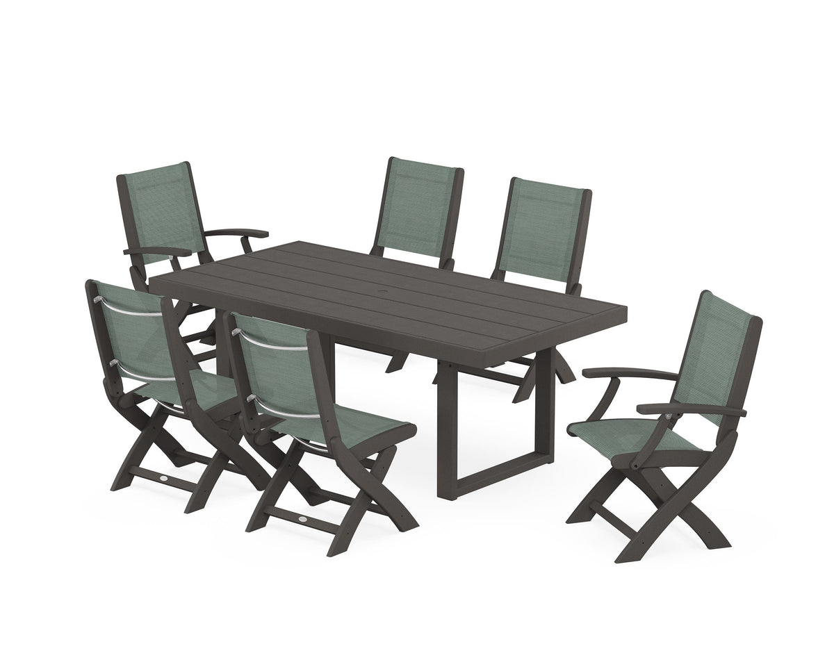 POLYWOOD Coastal Folding Chair 7-Piece Dining Set with Trestle Legs with EDGE 40" x 78" Dining Table in Vintage Coffee / Dupioni Sea Mist