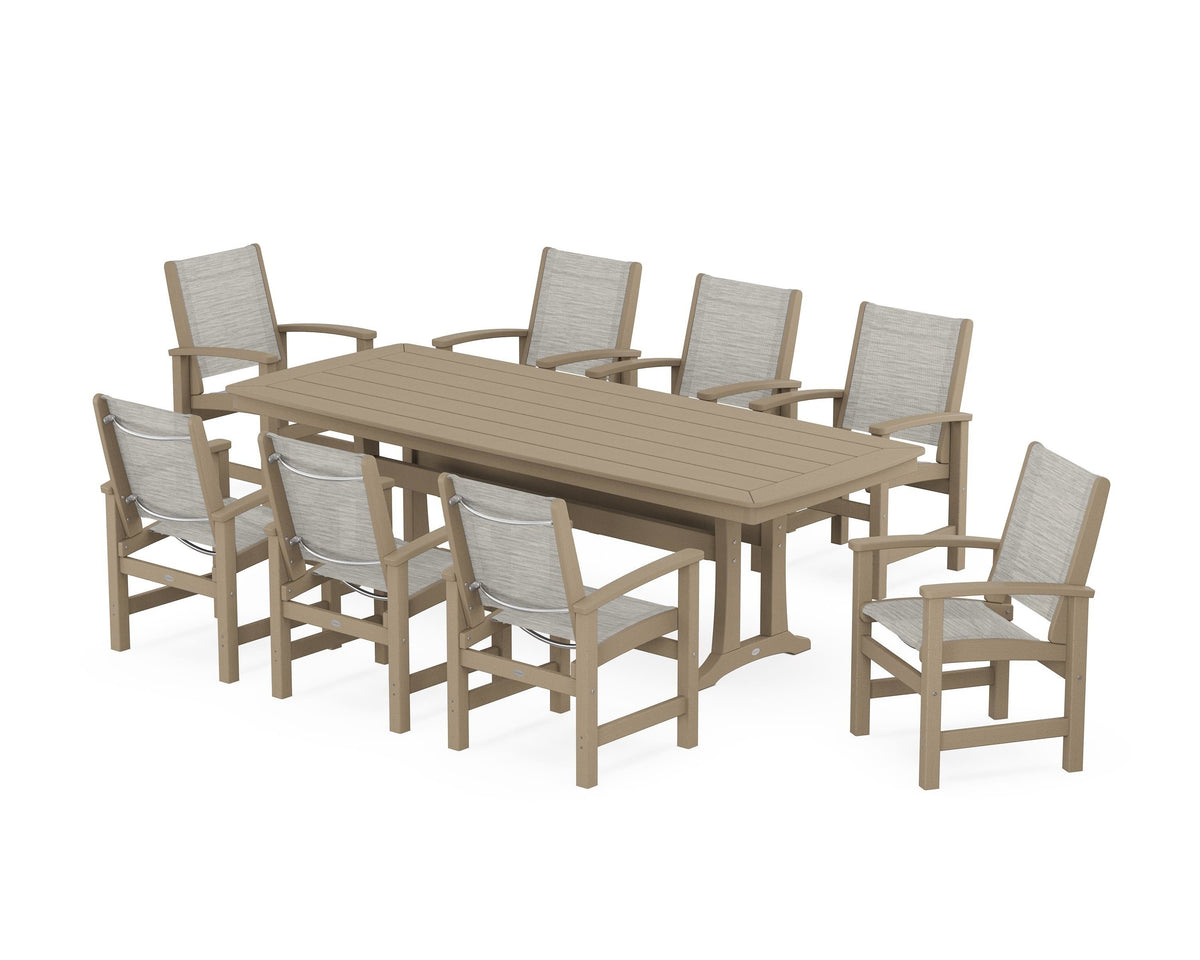 POLYWOOD Coastal 9-Piece Dining Set with Trestle Legs in Vintage Sahara / Birch