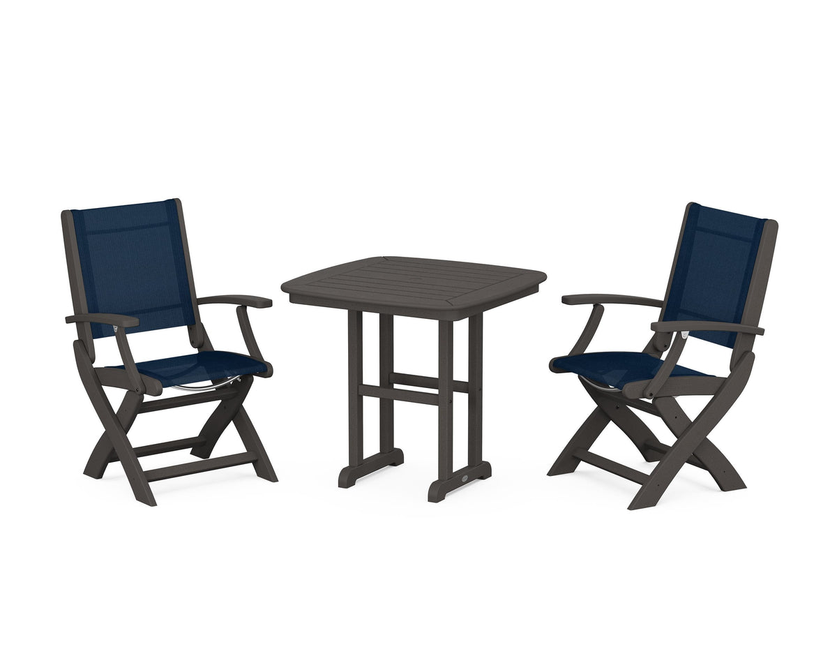 POLYWOOD Coastal Folding Chair 3-Piece Dining Set in Vintage Coffee / Navy Blue