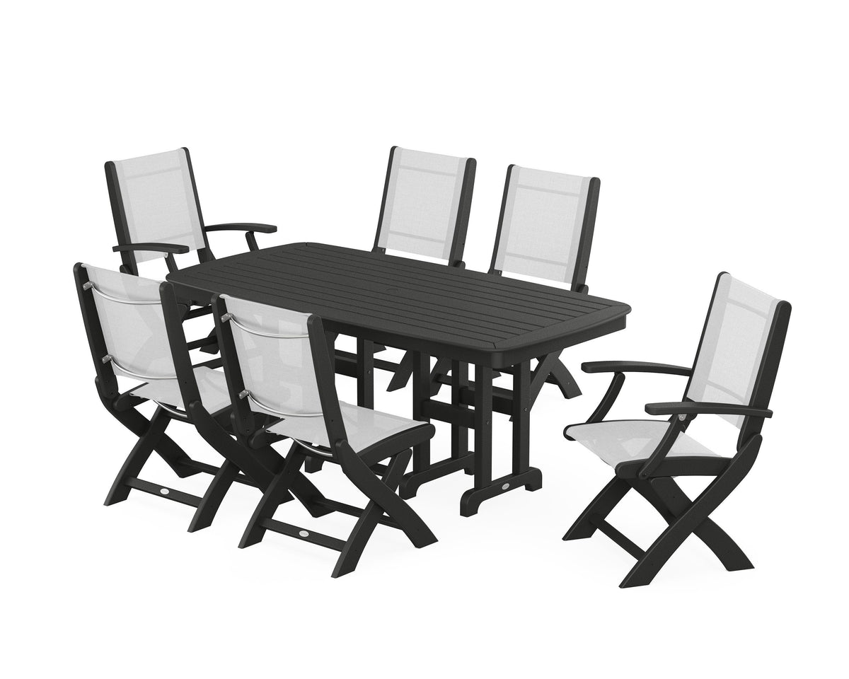 POLYWOOD Coastal Folding Chair 7-Piece Dining Set in Black / White