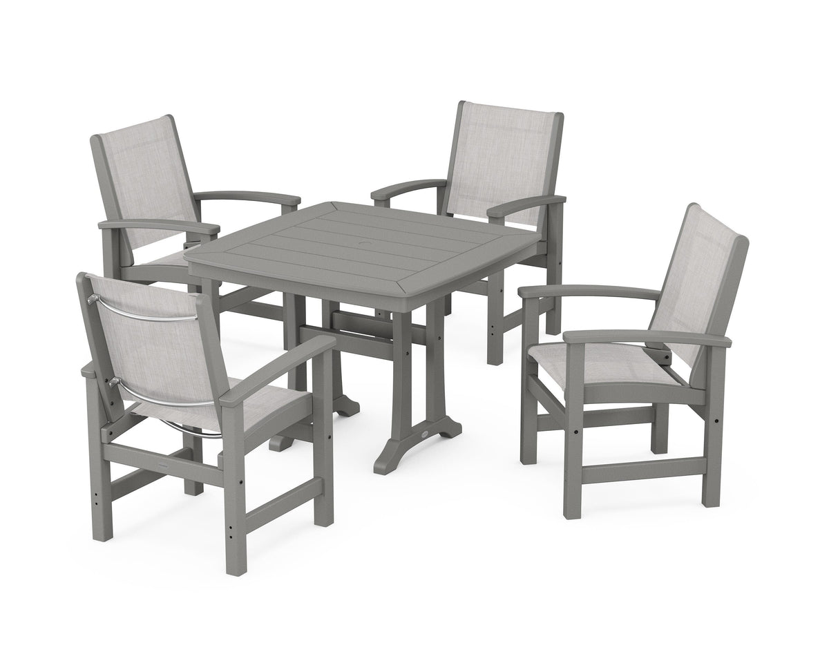 POLYWOOD Coastal 5-Piece Dining Set with Trestle Legs with Nautical Trestle 37" Dining Table in Slate Grey / Parchment