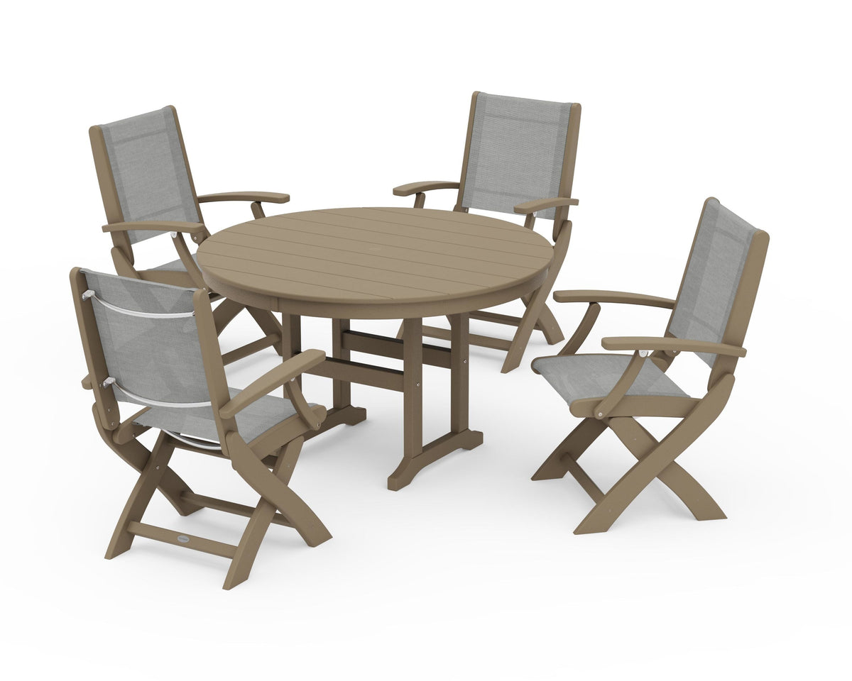 POLYWOOD Coastal Folding Chair 5-Piece Round Dining Set in Vintage Sahara / Metallic
