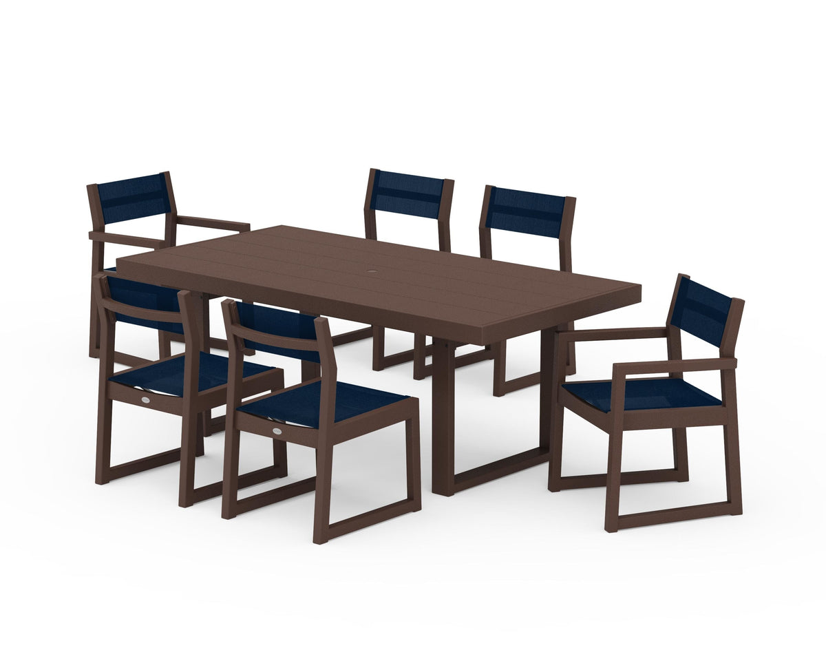 POLYWOOD EDGE Sling 7-Piece Dining Set in Mahogany / Navy Blue