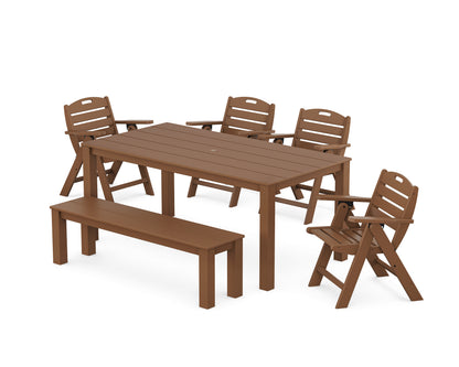 POLYWOOD Nautical Folding Lowback Chair 6-Piece Parsons Dining Set with Bench in Teak