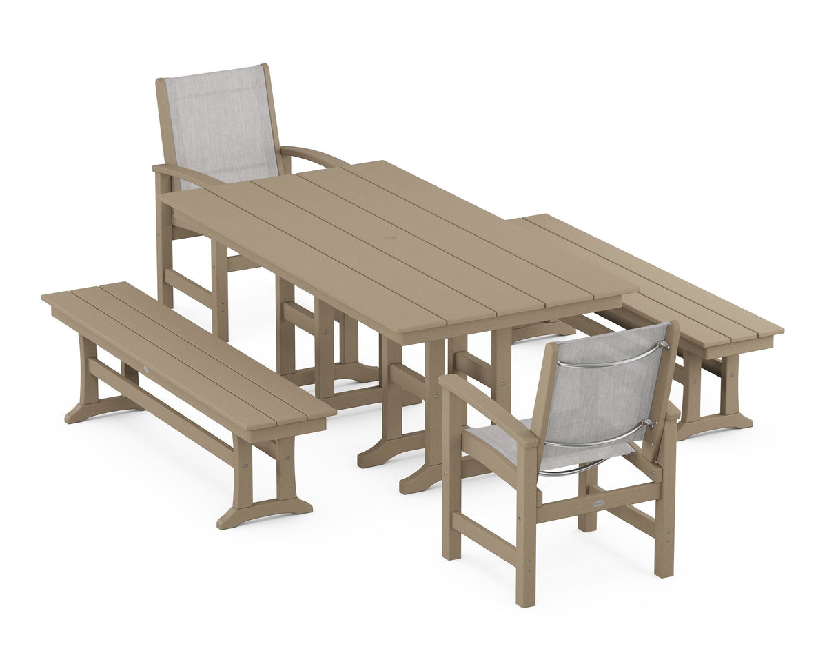 POLYWOOD Coastal 5-Piece Farmhouse Dining Set with Farmhouse 37" x 72" Dining Table in Vintage Sahara / Parchment