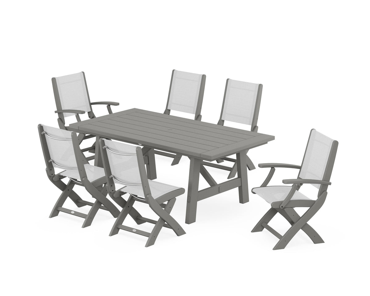 POLYWOOD Coastal Folding Chair 7-Piece Rustic Farmhouse Dining Set in Slate Grey / White