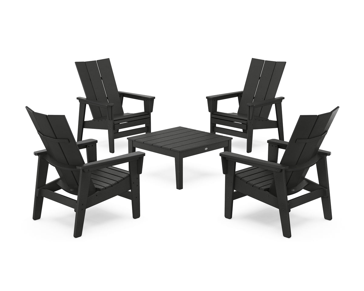 POLYWOOD 5-Piece Modern Grand Upright Adirondack Chair Conversation Group in Black