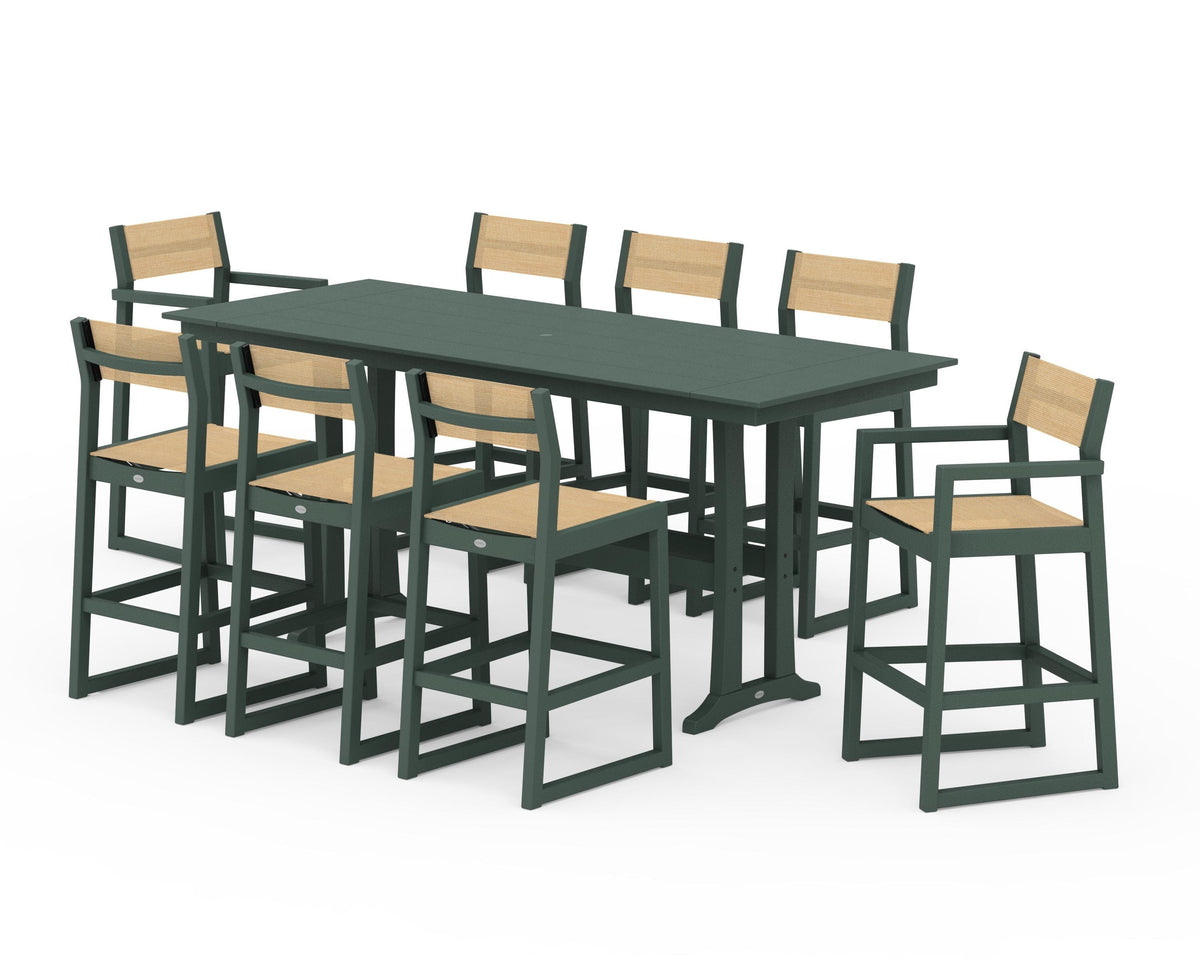 POLYWOOD EDGE Sling 9-Piece Farmhouse Bar Set with Trestle Legs in Green / Dupioni Apricot