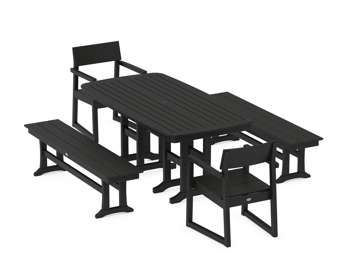 POLYWOOD EDGE 5-Piece Dining Set with Benches (Nautical 37" x 72" Table) in Black