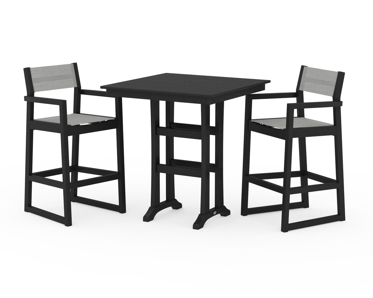 POLYWOOD EDGE Sling Arm Chair 3-Piece Farmhouse Bar Set with Trestle Legs in Black / Metallic