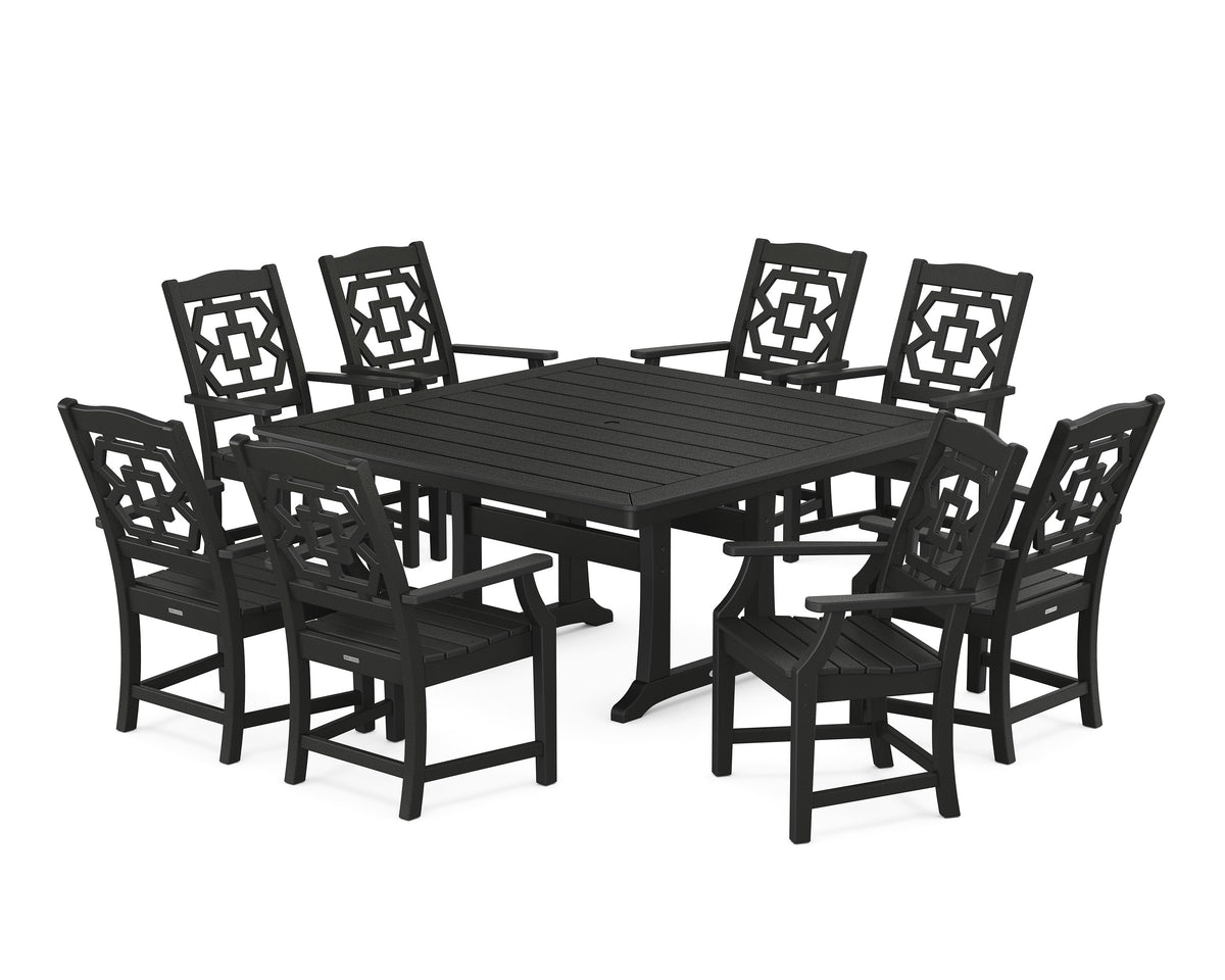 POLYWOOD Chinoiserie 9-Piece Square Dining Set with Trestle Legs in Black