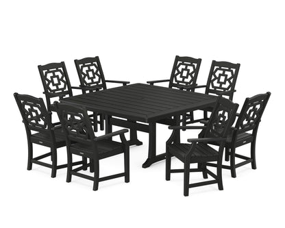 POLYWOOD Chinoiserie 9-Piece Square Dining Set with Trestle Legs in Black