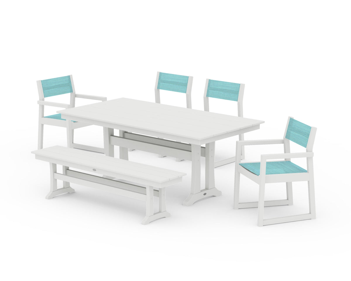 POLYWOOD EDGE Sling 6-Piece Farmhouse Dining Set With Trestle Legs in Vintage White / Dupioni Aquamarine