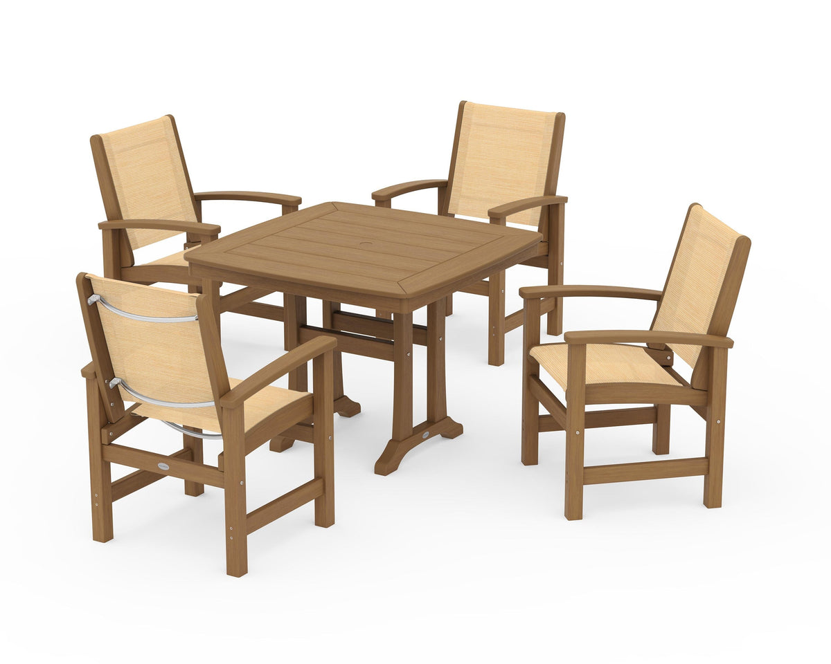 POLYWOOD Coastal 5-Piece Dining Set with Trestle Legs with Nautical Trestle 37" Dining Table in Natural / Dupioni Apricot