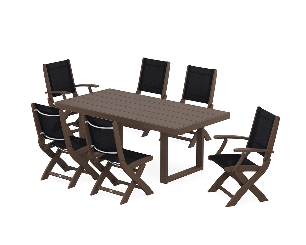 POLYWOOD Coastal Folding Chair 7-Piece Dining Set with Trestle Legs with EDGE 40" x 78" Dining Table in Mahogany / Black