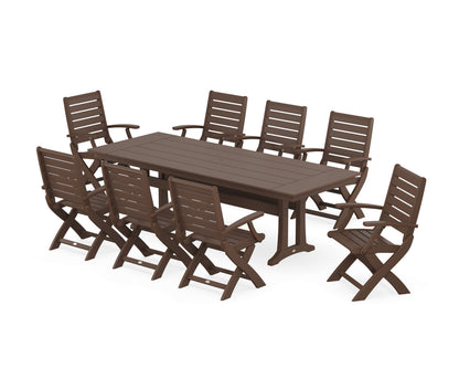 POLYWOOD Signature Folding 9-Piece Farmhouse Trestle Dining Set with Trestle Legs in Mahogany