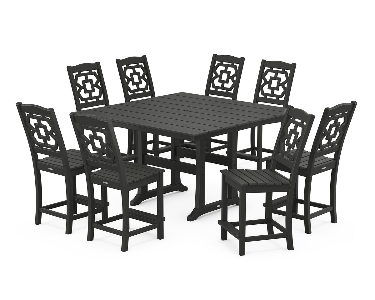 POLYWOOD Chinoiserie 9-Piece Square Farmhouse Side Chair Counter Set with Trestle Legs in Black