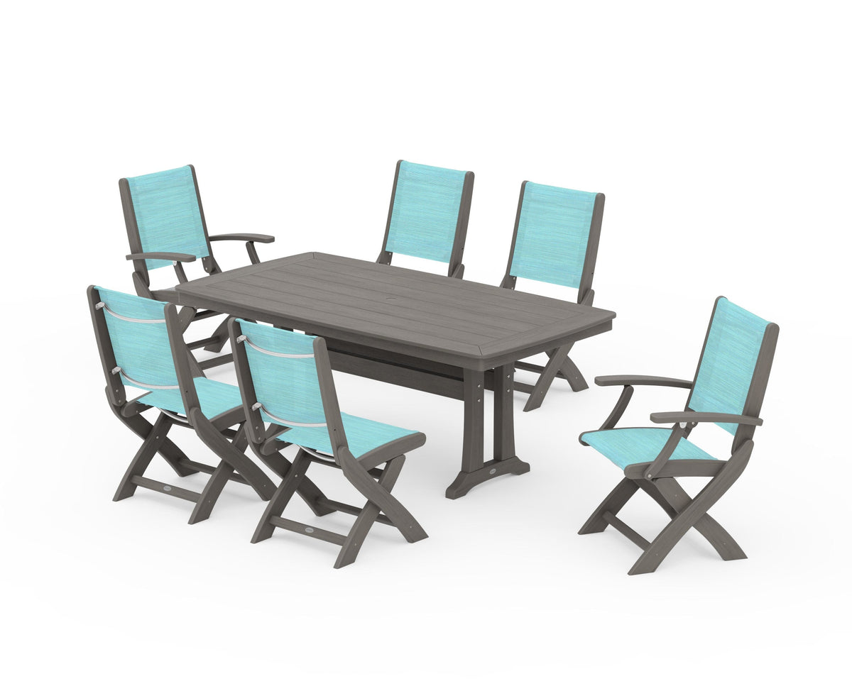 POLYWOOD Coastal Folding Chair 7-Piece Dining Set with Trestle Legs with Nautical Trestle 38" x 73" Dining Table in Driftwood / Dupioni Aquamarine