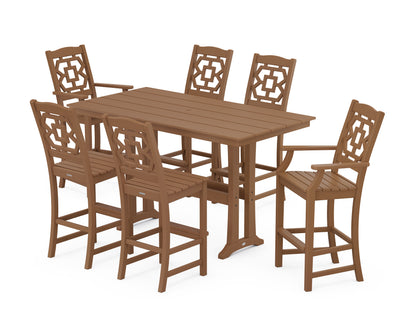 POLYWOOD Chinoiserie 7-Piece Farmhouse Bar Set with Trestle Legs in Teak