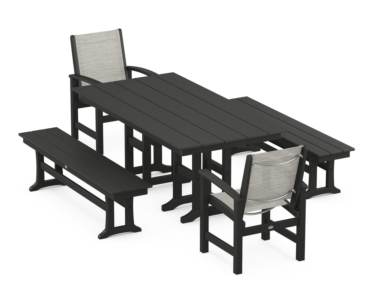 POLYWOOD Coastal 5-Piece Farmhouse Dining Set with Farmhouse 37" x 72" Dining Table in Black / Birch