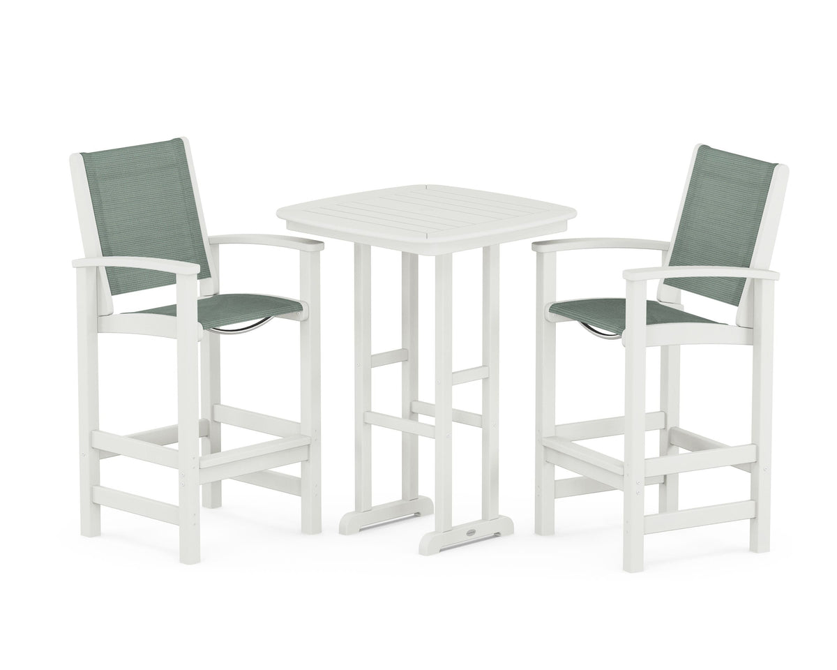 POLYWOOD Coastal 3-Piece Bar Set in Vintage White / Dupioni Sea Mist