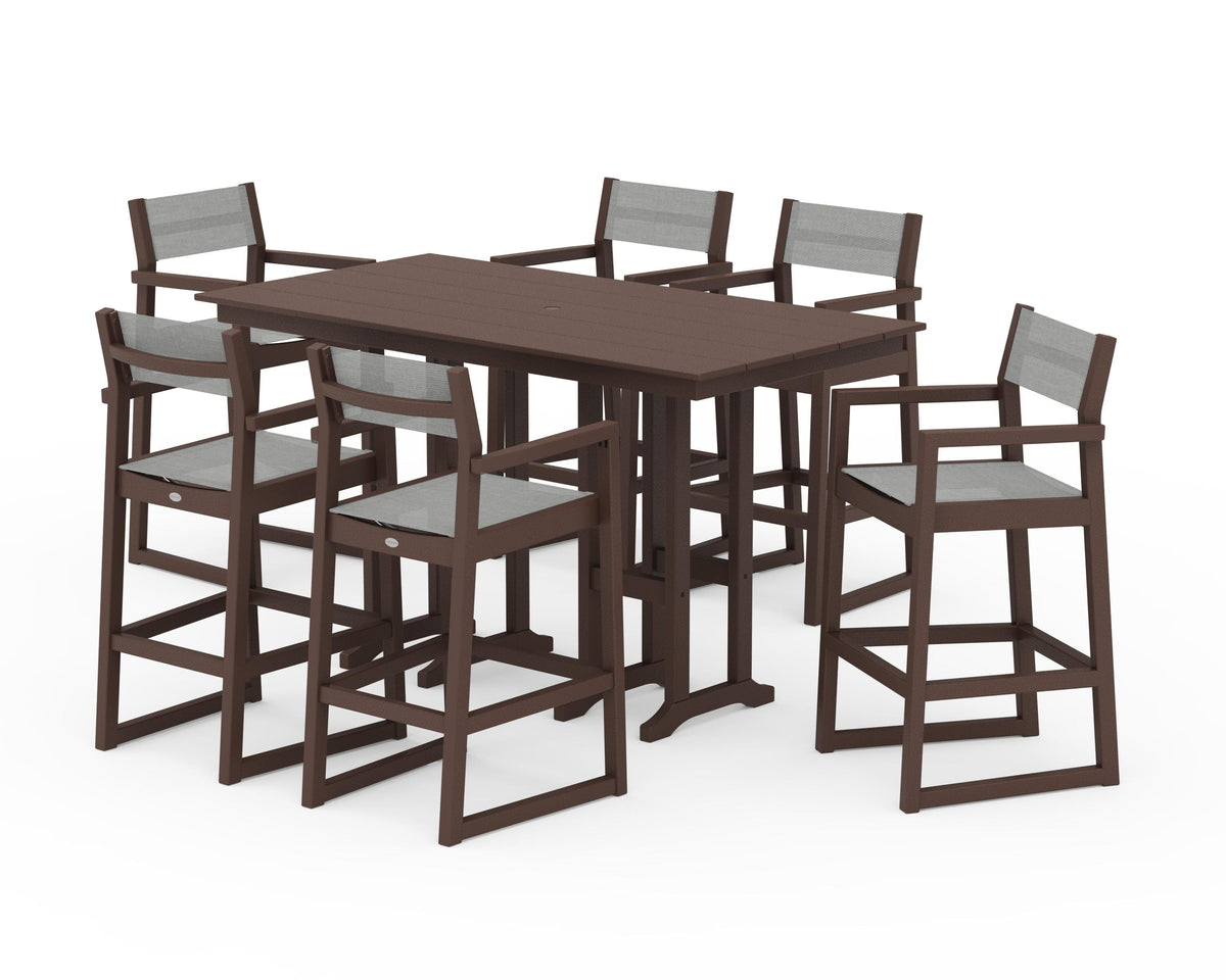 POLYWOOD EDGE Sling Arm Chair 7-Piece Farmhouse Bar Set in Mahogany / Metallic