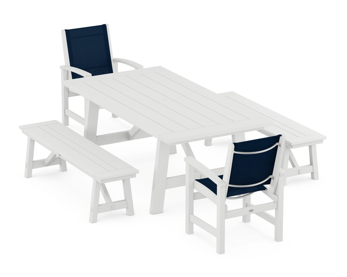 POLYWOOD Coastal 5-Piece Rustic Farmhouse Dining Set With Benches in White / Navy Blue