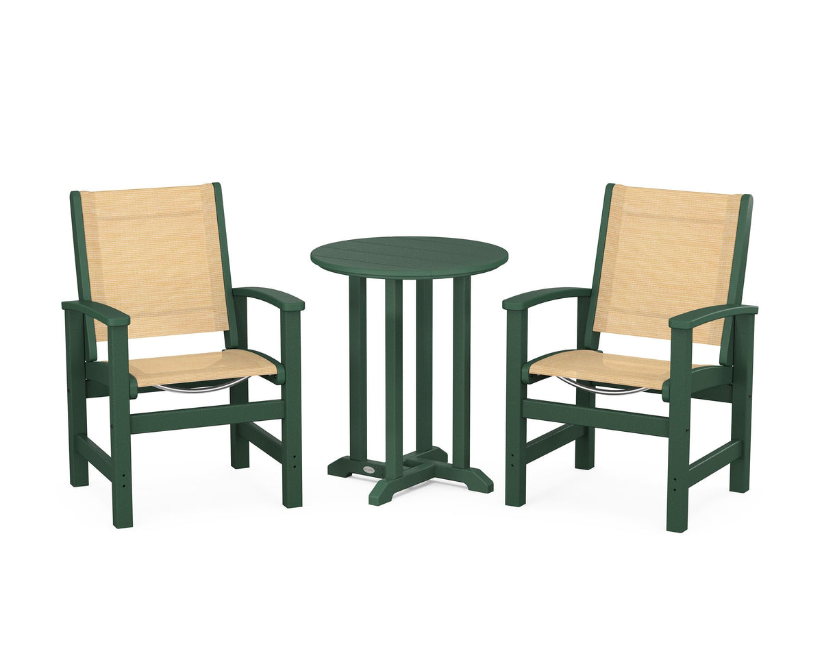 POLYWOOD Coastal 3-Piece Round Bistro Dining Set in Green / Dupioni Apricot