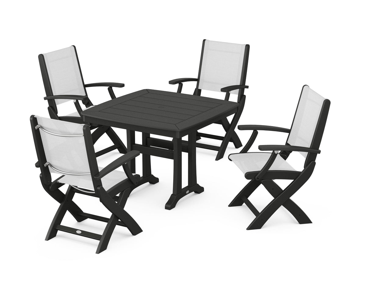 POLYWOOD Coastal Folding Chair 5-Piece Dining Set with Trestle Legs in Black / White