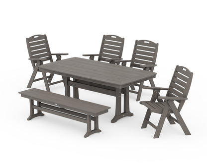 POLYWOOD Nautical Highback 6-Piece Dining Set with Trestle Legs and Bench in Driftwood