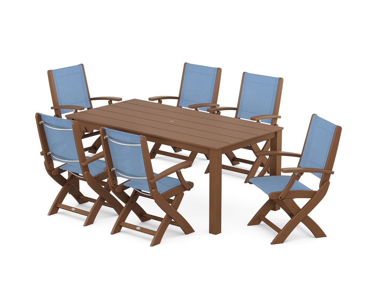 POLYWOOD Coastal Folding Chair 7-Piece Parsons Dining Set in Teak / Poolside