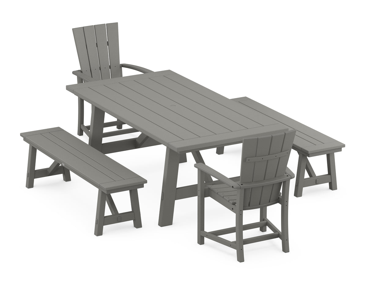 POLYWOOD Quattro 5-Piece Rustic Farmhouse Dining Set with Benches in Slate Grey