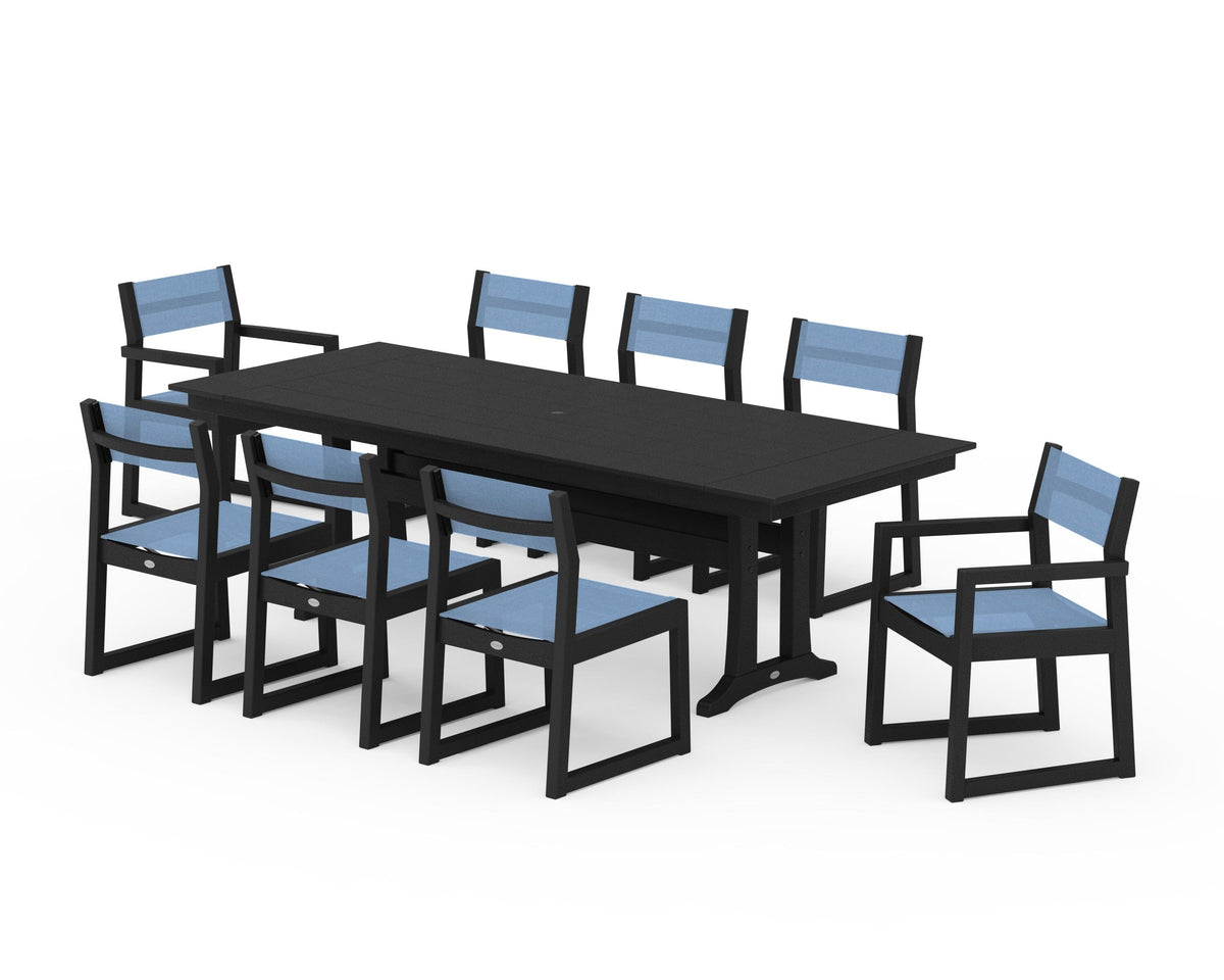 POLYWOOD EDGE Sling 9-Piece Farmhouse Trestle Dining Set in Black / Poolside