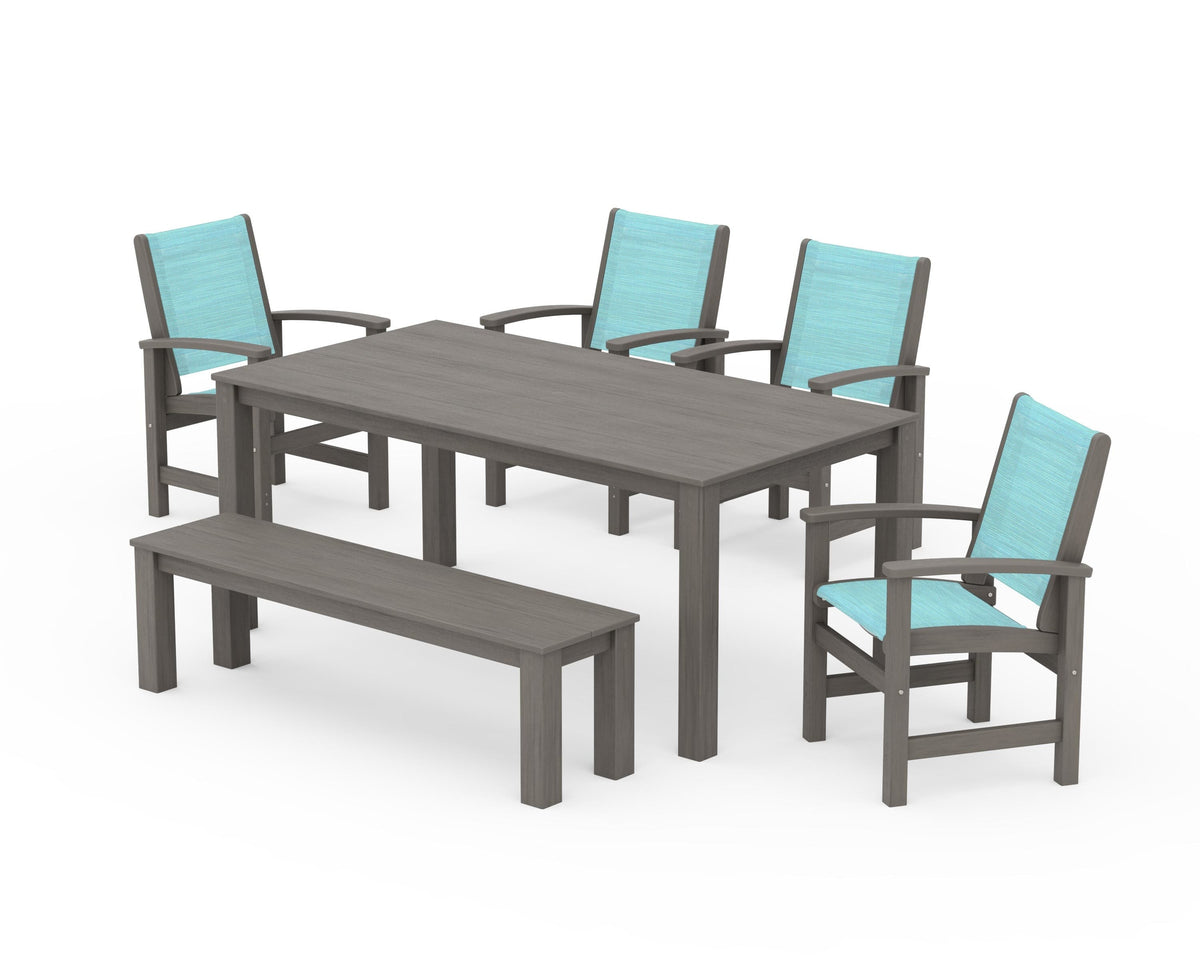 POLYWOOD Coastal 6-Piece Parsons Dining Set with Bench in Driftwood / Dupioni Aquamarine