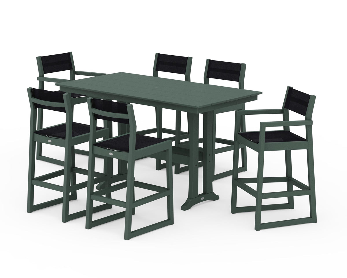 POLYWOOD EDGE Sling 7-Piece Farmhouse Bar Set with Trestle Legs in Green / Black