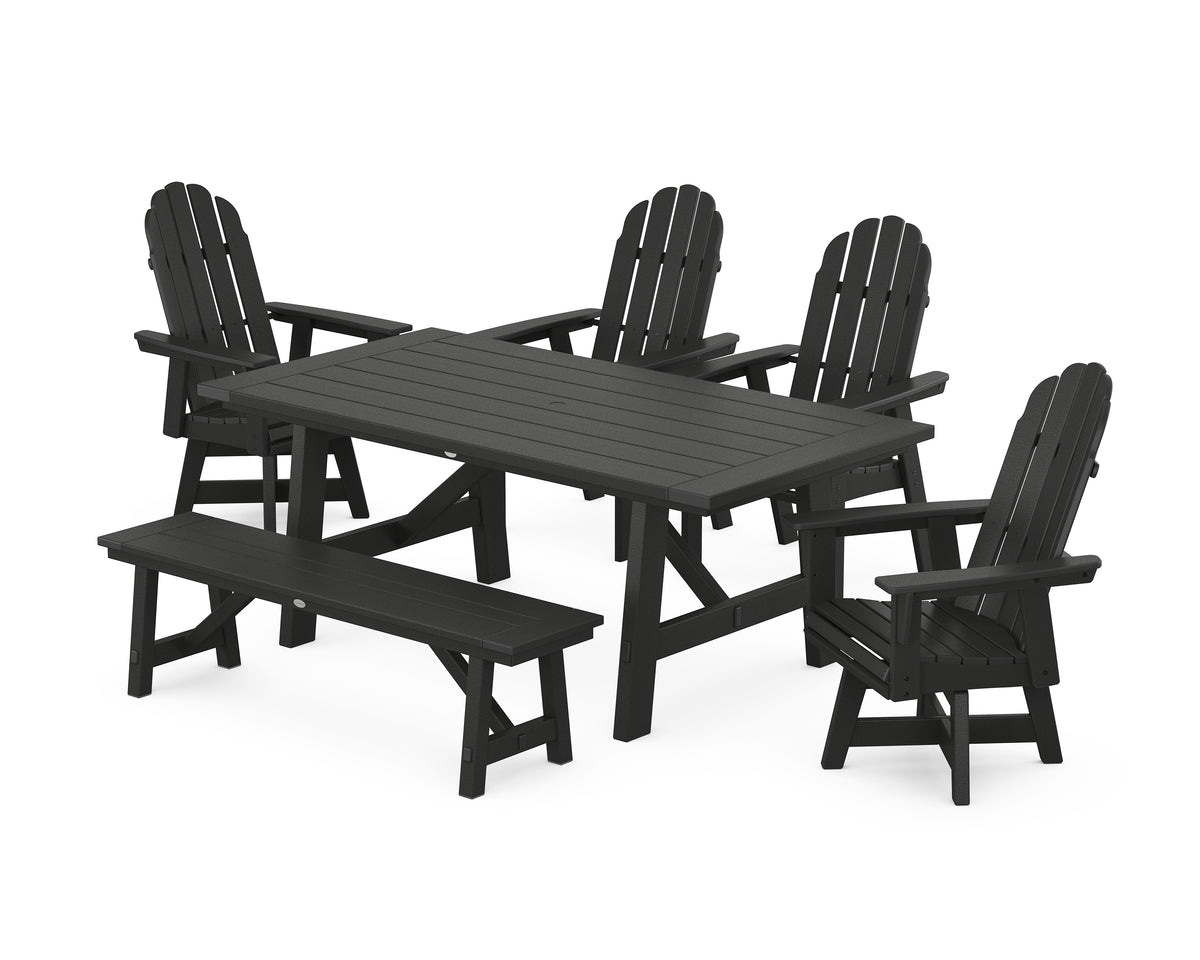 POLYWOOD Vineyard Curveback Adirondack Swivel Chair 6-Piece Rustic Farmhouse Dining Set with Bench in Black