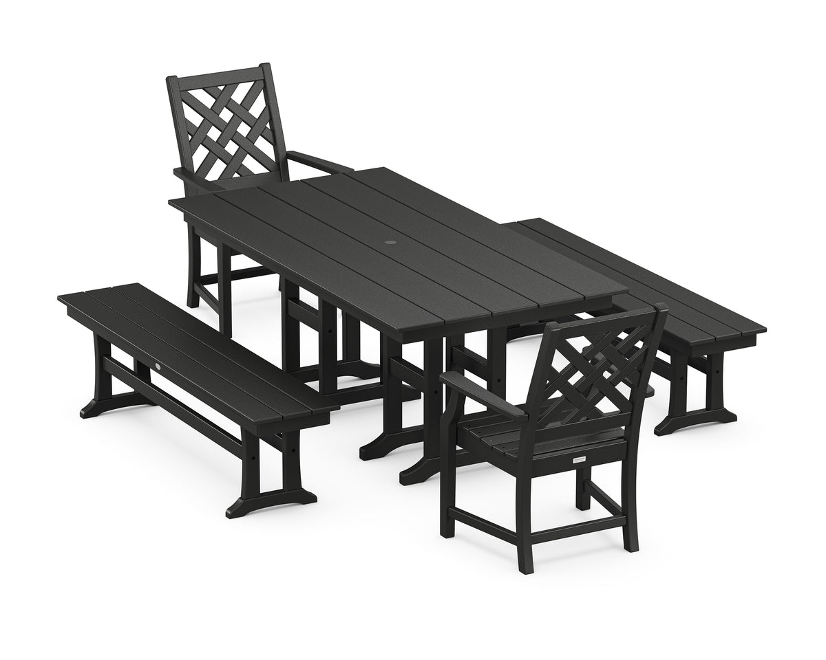 POLYWOOD Wovendale 5-Piece Farmhouse Dining Set with Benches in Black