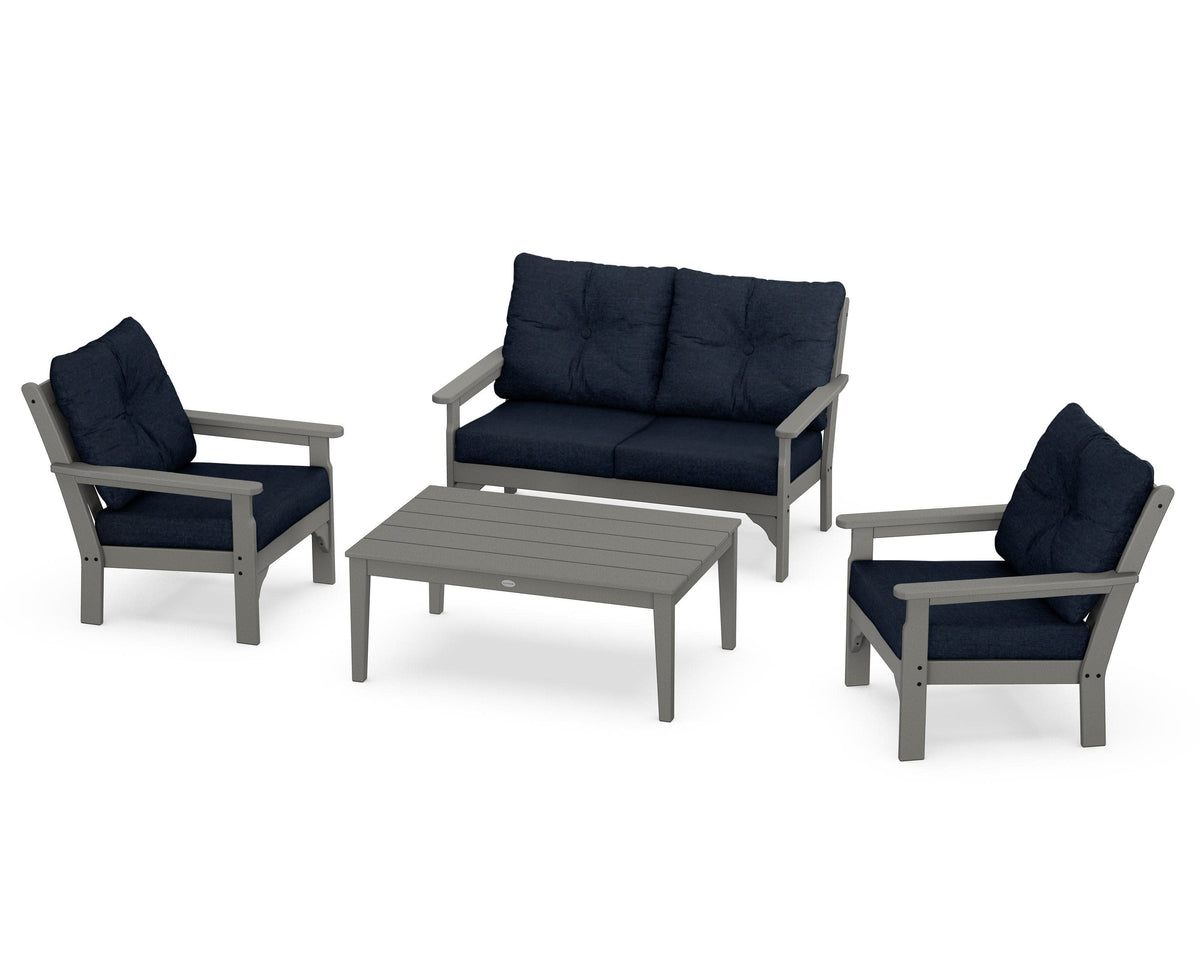 POLYWOOD Vineyard 4-Piece Deep Seating Set with Two Chairs and Loveseat in Slate Grey / Marine Indigo