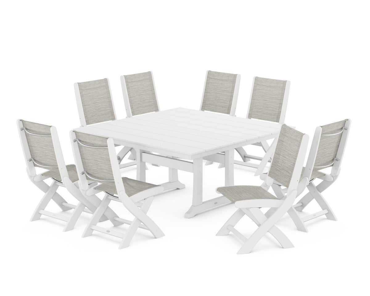 POLYWOOD Coastal Folding Side Chair 9-Piece Farmhouse Dining Set in White / Birch